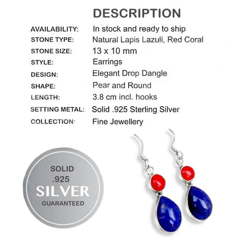Natural Lapis Lazuli and Red Coral set in Solid .925 Sterling Silver Earrings