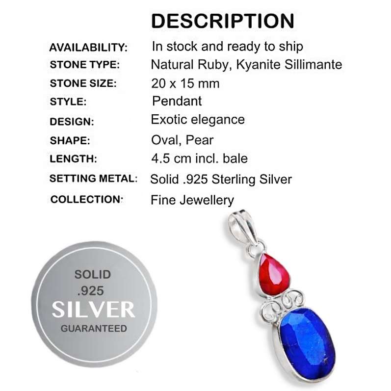 Rare Natural Ruby and Kyanite Sillimanite set in Solid .925 Sterling Silver Pendant