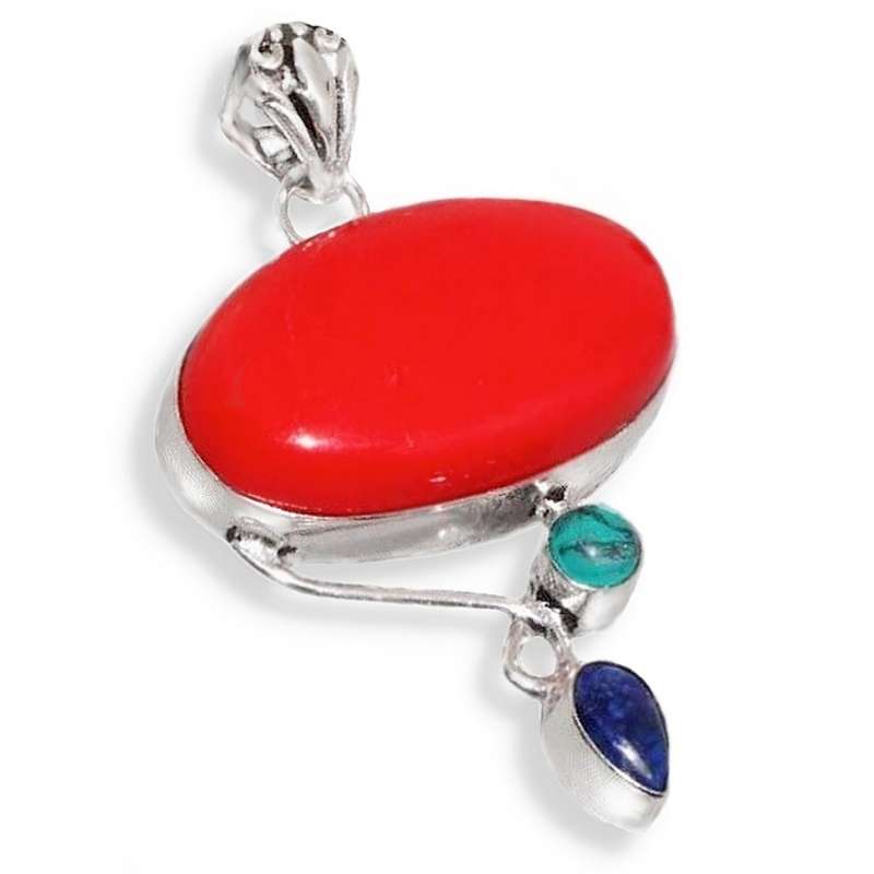Natural Lapis Lazuli,Turquoise and Red Coral Gemstone in 925 Sterling Silver Plated Handmade Pendant