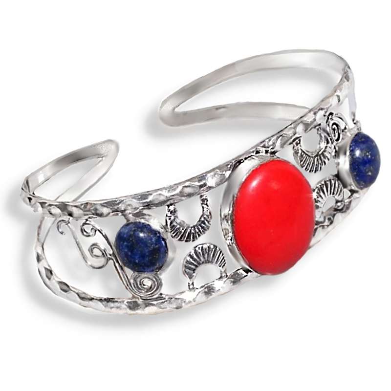 Natural Lapis Lazuli ,Red Coral set in 925 Sterling Silver Plated Handmade Bangle