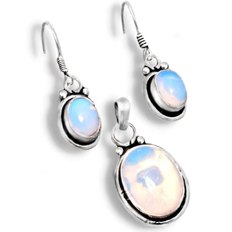 Fiery Opalite Oval Gemstone set in  .925 Sterling Silver Plated Handmade Pendant and Earrings Set