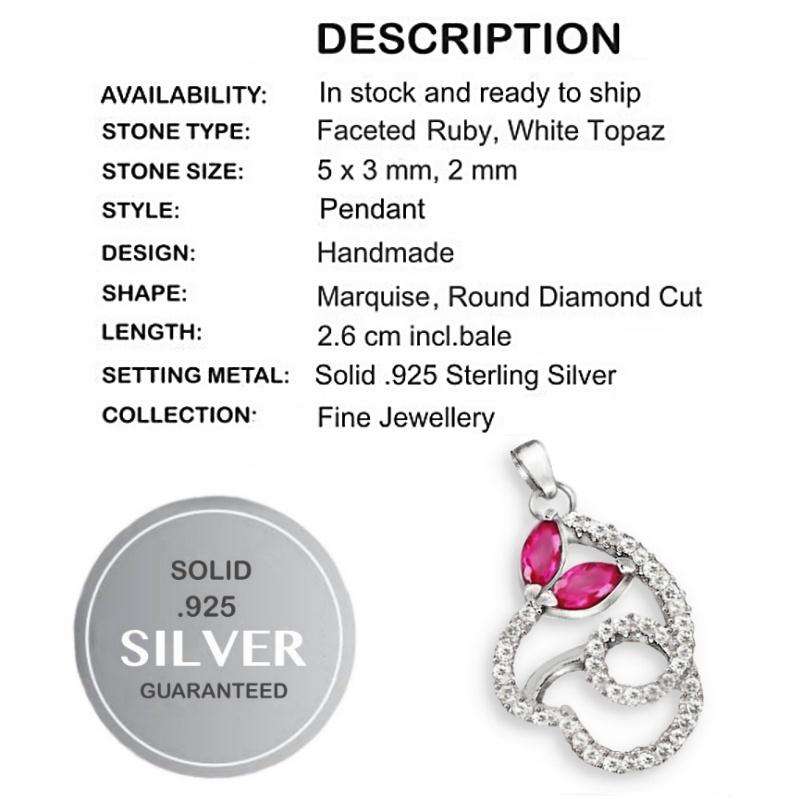 Marquise Shape Pink Red Ruby and White Topaz set in .925 Solid Sterling Silver Dainty Pendant