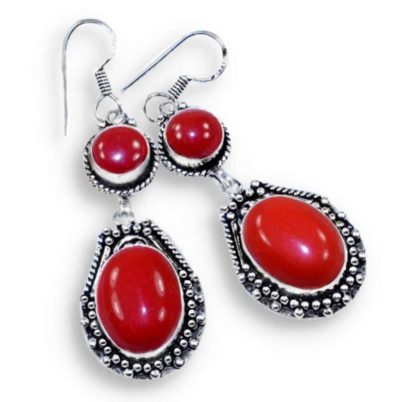 Handmade Red Coral Oval Shape set in .925  Sterling Silver Plated Antique Style Earrings