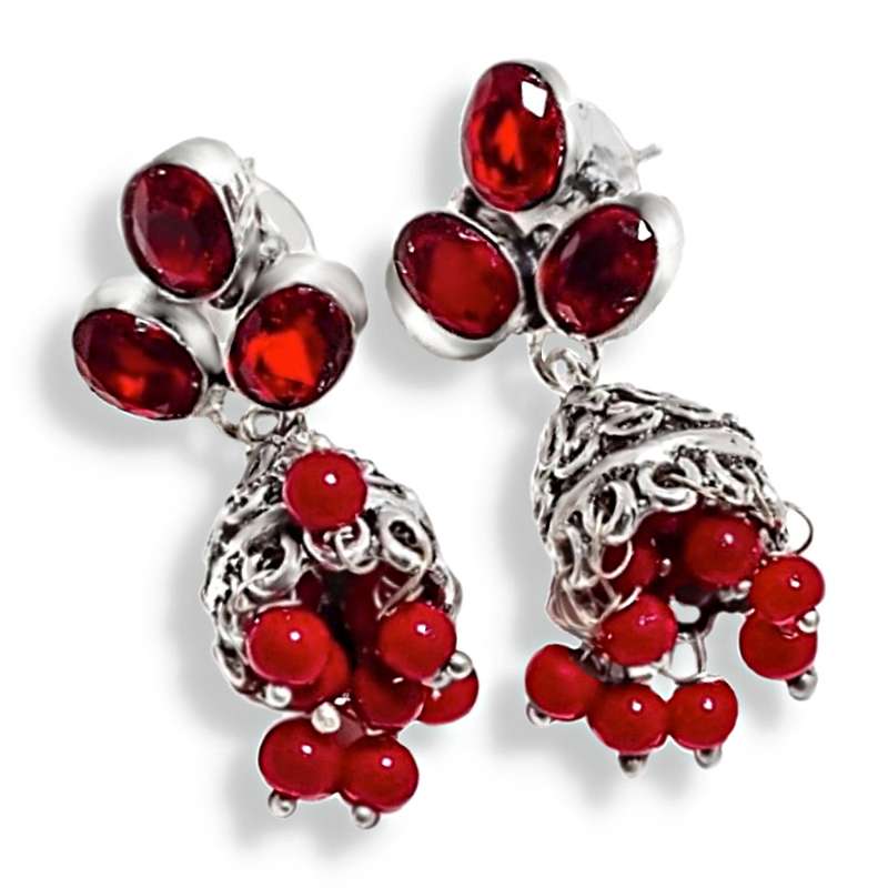 Jumkhi Style Garnet and Coral set in .925 Sterling Silver Plated Handmade Stud Earrings