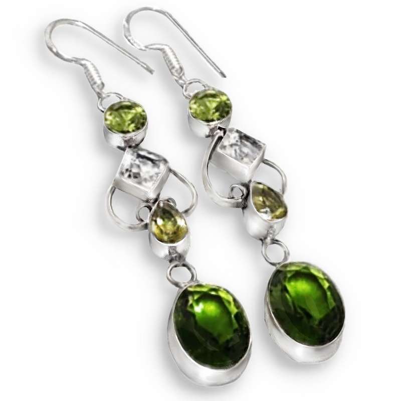 Peridot and White Topaz set in  .925 Sterling Silver Plated Handmade Long Earrings