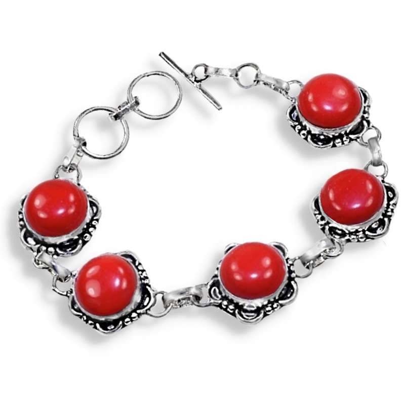Handmade Antique Style Red Coral Gemstone .925 Sterling Silver Plated Bracelet