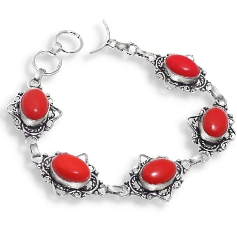 Handmade Red Coral Gemstone set in Stamped .925 Sterling Silver Plated Bracelet