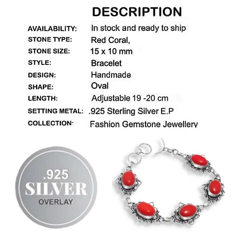 Handmade Red Coral Gemstone set in Stamped .925 Sterling Silver Plated Bracelet