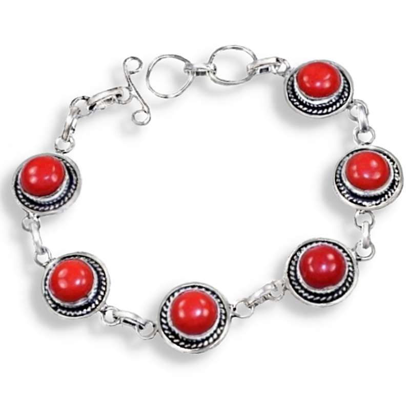 Red Coral Round Button Antique Style .925 Sterling Silver Plated Handmade Bracelet