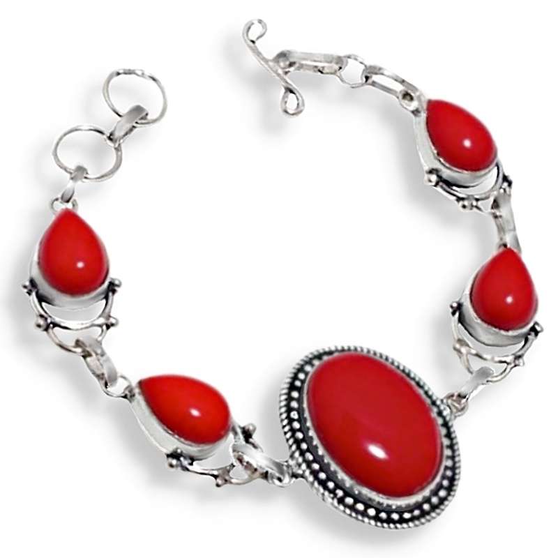 Red Coral Mixed Shapes set in .925 Sterling Silver Plated Handmade Bracelet