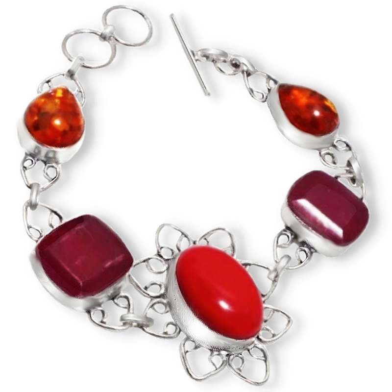 Red Coral, Ruby, Pressed Amber Amber Gemstone set in .925 Sterling Silver Plated Handmade  Bracelet
