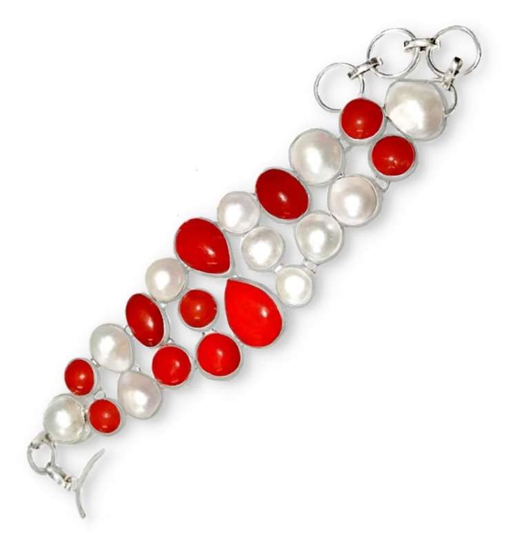Handmade Bright Red Coral, White Pearl Gemstone set in .925 Sterling Silver One of a Kind Bracelet