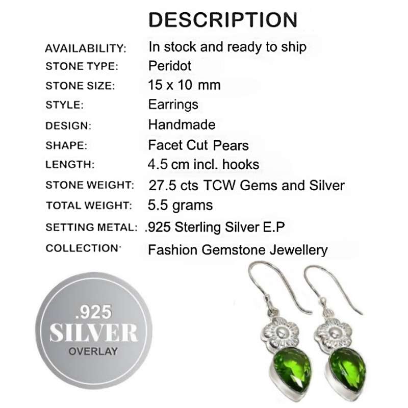 Peridot Pear Gemstone with Floral Accent .925 Sterling Silver Plated Handmade Earrings