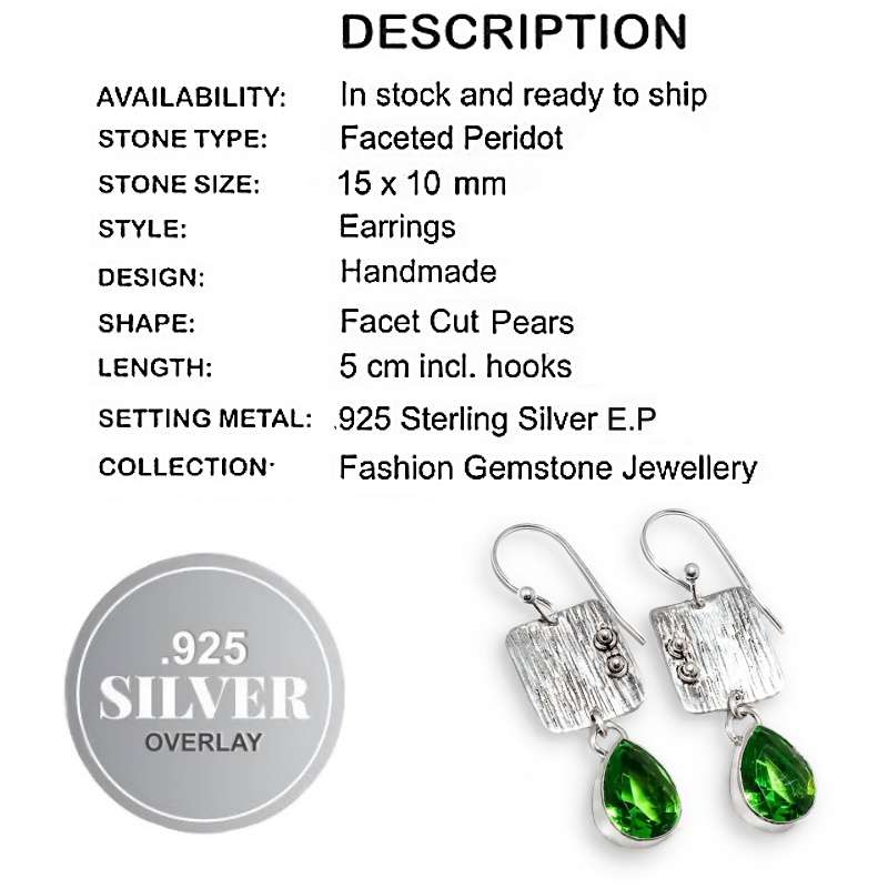 Peridot Pear Shape set in .925 Sterling Silver Plated Handmade Earrings