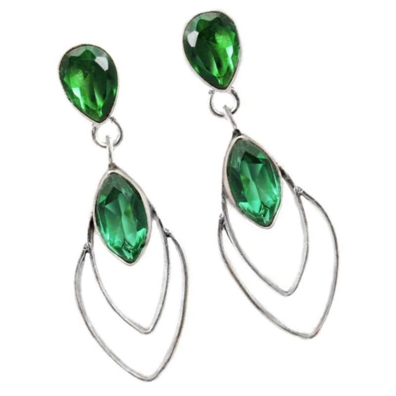 Modern Emerald Quartz pear Shape Gemstones set in 925 Sterling Silver Plated Handmade Stud Earrings