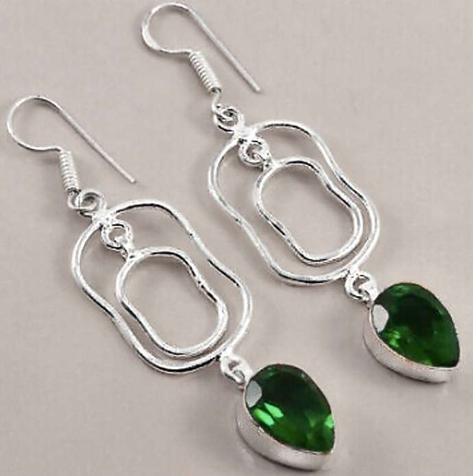 Modern Emerald Quartz Gemstone Pears set in  925 Sterling Silver Plated Handmade Earrings