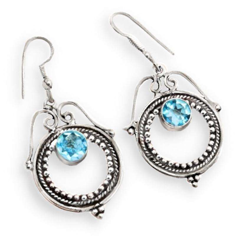 Swiss Blue Topaz Gemstone set in .925 Sterling Silver Plated Antique Style Handmade Earrings