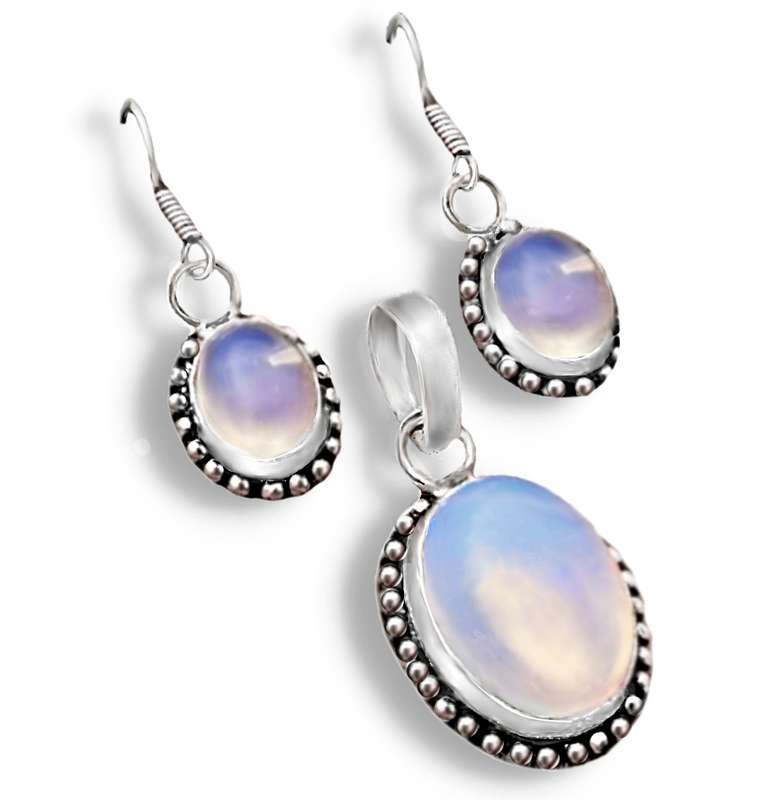 Fiery Opalite Oval Gemstones set .925 Sterling Silver Plated Handmade Pendant and Earrings Set