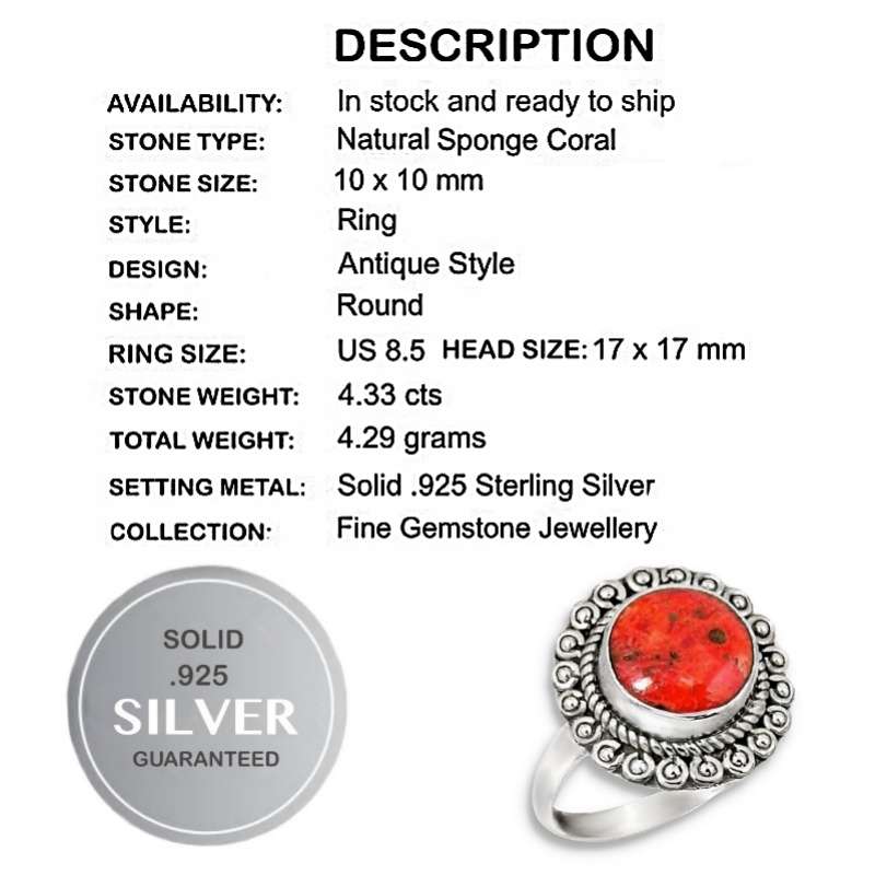 Natural Red Sponge Coral set in Solid .925 Sterling Silver Ring Size 8.5