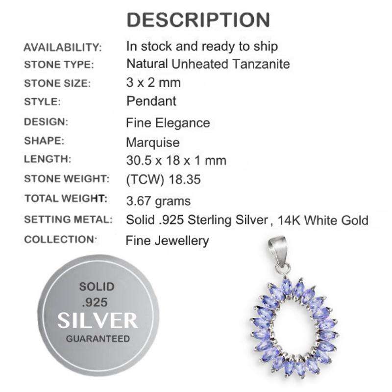 Natural Unheated Tanzanite Marquise Shape Gemstones in Solid .925 Sterling Silver W/Gold Pendant