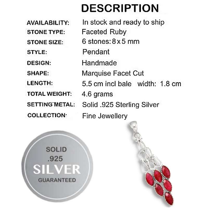 Natural Indian Ruby Marquise Shape Gemstones set in Solid .925 Sterling Silver Pendant