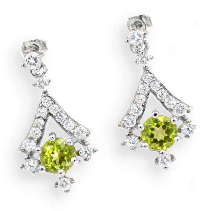Deluxe Natural Peridot, White Cubic Zirconia Gemstone Solid .925 Sterling Silver Earrings