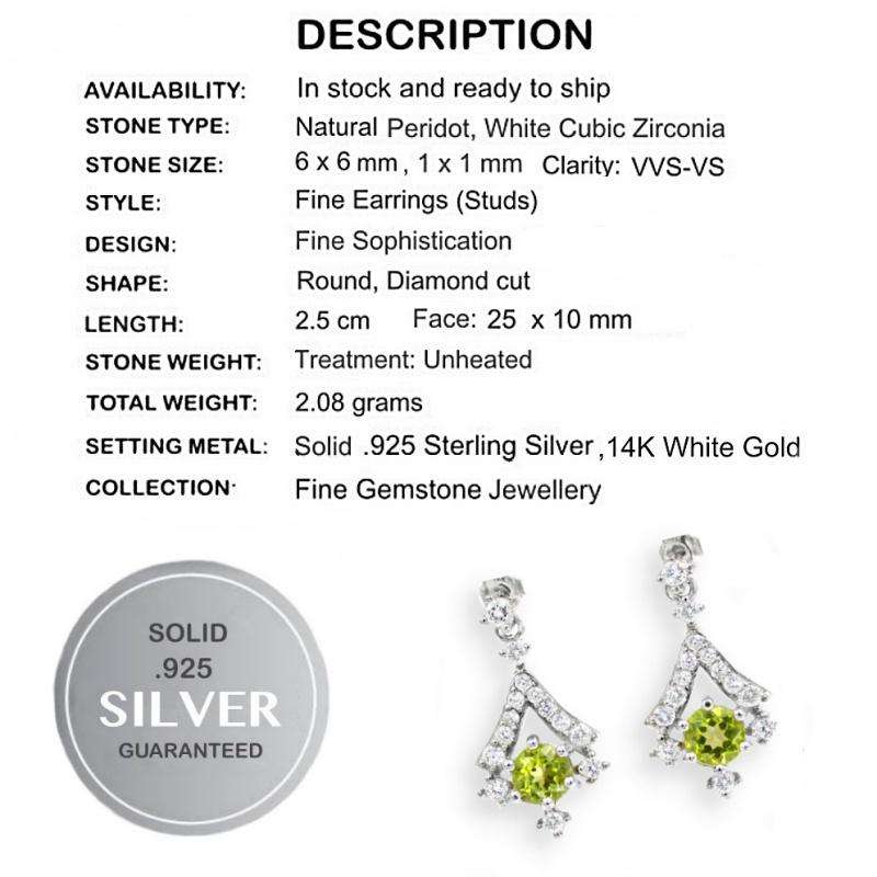 Deluxe Natural Peridot, White Cubic Zirconia Gemstone Solid .925 Sterling Silver Earrings