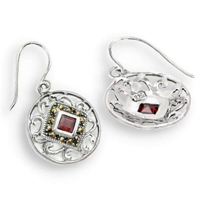 22.3 CT Natural Garnet Gemstone and Swiss Marcasite set in Solid .925 Sterling Silver Earrings
