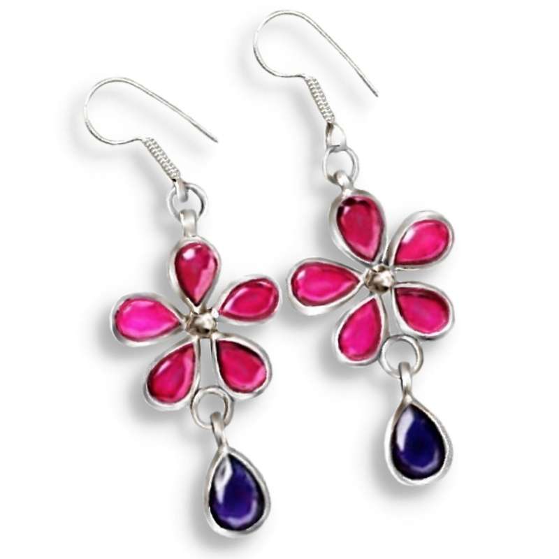 Natural Heated Pink Red Ruby, Sapphire Floral Gemstone Earrings in Solid .925 Sterling Silver