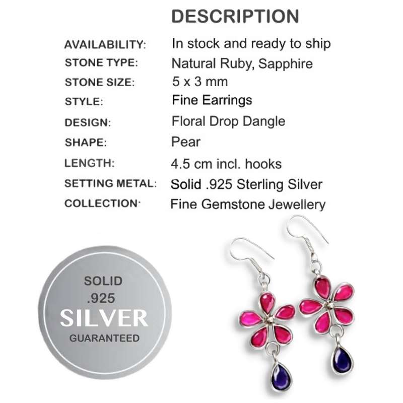 Natural Heated Pink Red Ruby, Sapphire Floral Gemstone Earrings in Solid .925 Sterling Silver