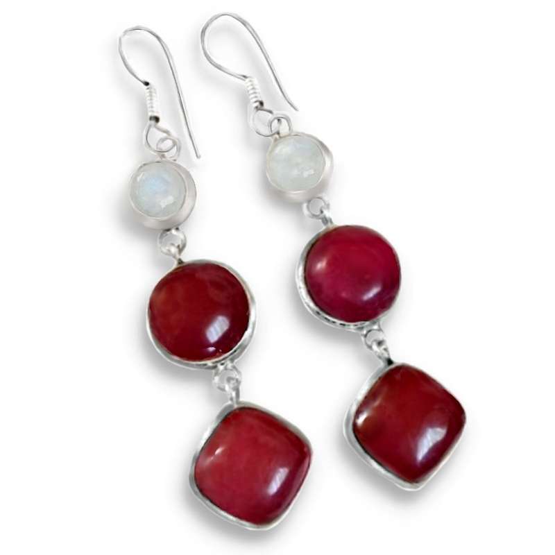 Enchanting Indian Cherry Ruby, Rainbow Moonstone Set In .925 Sterling Silver Plated Earrings