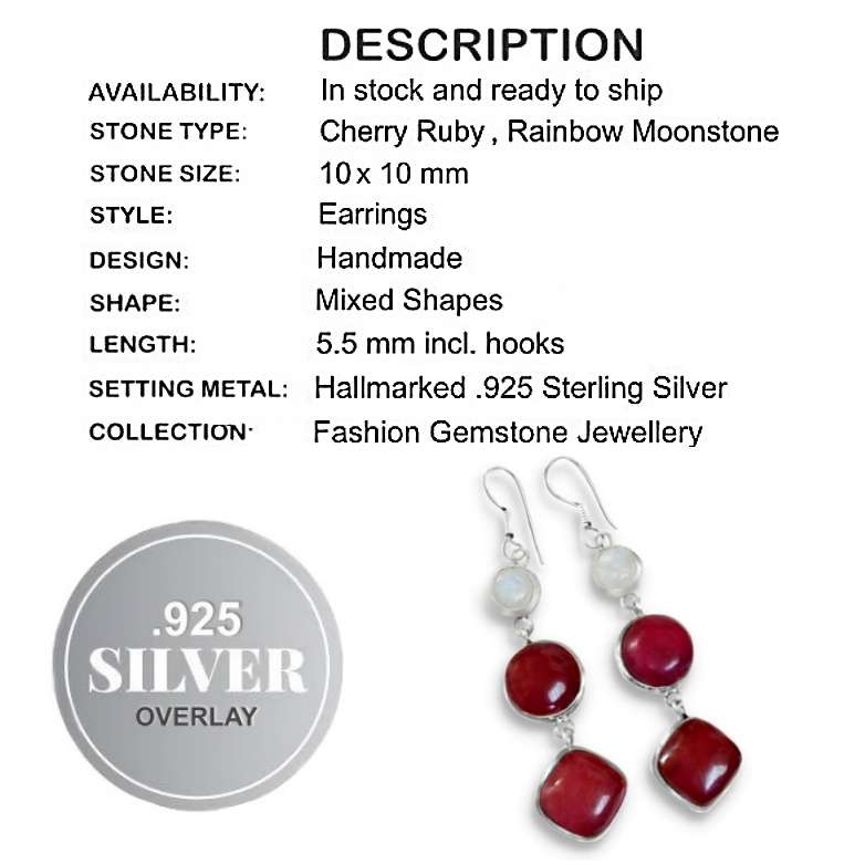 Enchanting Indian Cherry Ruby, Rainbow Moonstone Set In .925 Sterling Silver Plated Earrings