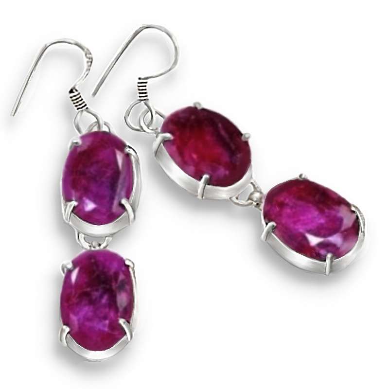 Indian Cherry Ruby Oval Gemstone  Set In .925 Sterling Silver Plated  Handmade Earrings