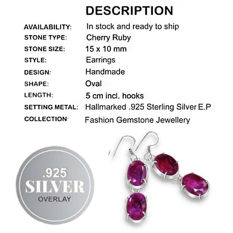 Indian Cherry Ruby Oval Gemstone  Set In .925 Sterling Silver Plated  Handmade Earrings