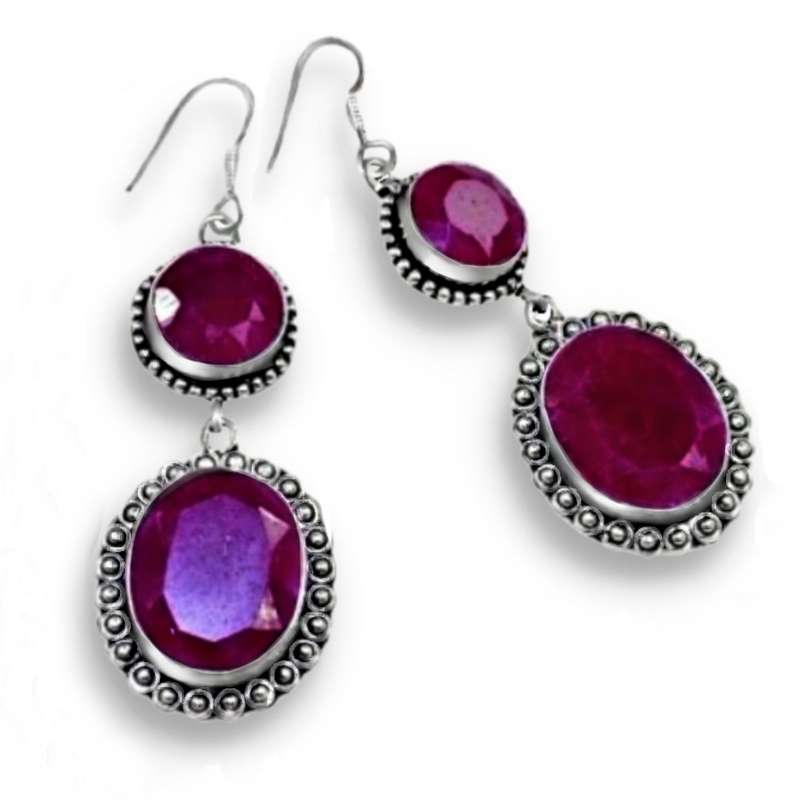 Handmade Indian Cherry Ruby Set In .925 Sterling Silver Plated Antique Style Drop Dangle Earrings