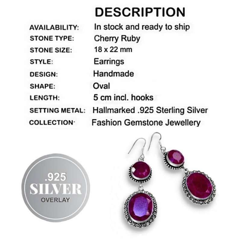 Handmade Indian Cherry Ruby Set In .925 Sterling Silver Plated Antique Style Drop Dangle Earrings