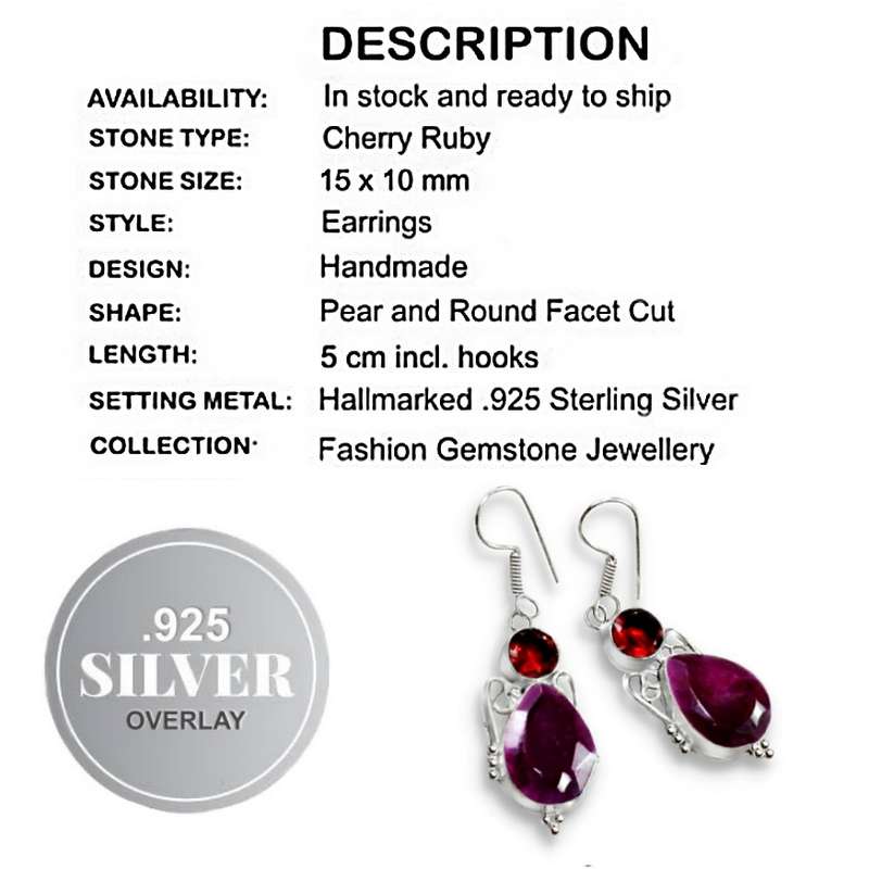 Enchanting Indian Cherry Ruby and Garnet Set in 925 Sterling Silver Plated Handmade Earrings