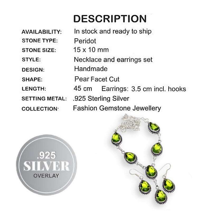 Faceted Peridot  Pears set in .925 Sterling Silver Plated Handmade Necklace & Earrings Set