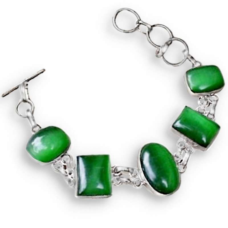 Green Cats Eye Mixed Shapes set in .925 Sterling Silver Plated Handmade Bracelet