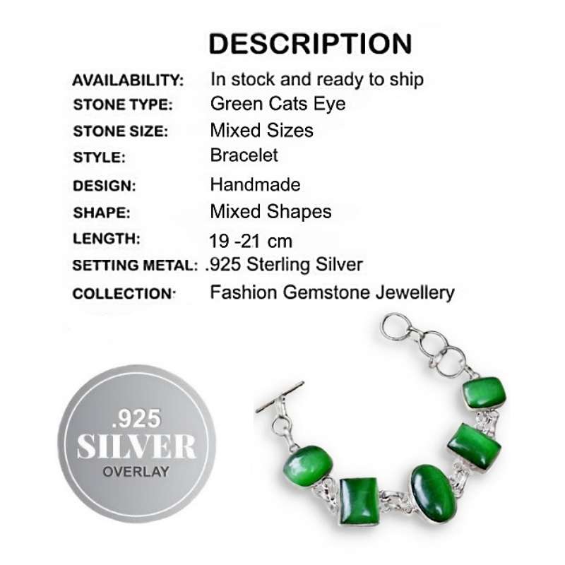 Green Cats Eye Mixed Shapes set in .925 Sterling Silver Plated Handmade Bracelet