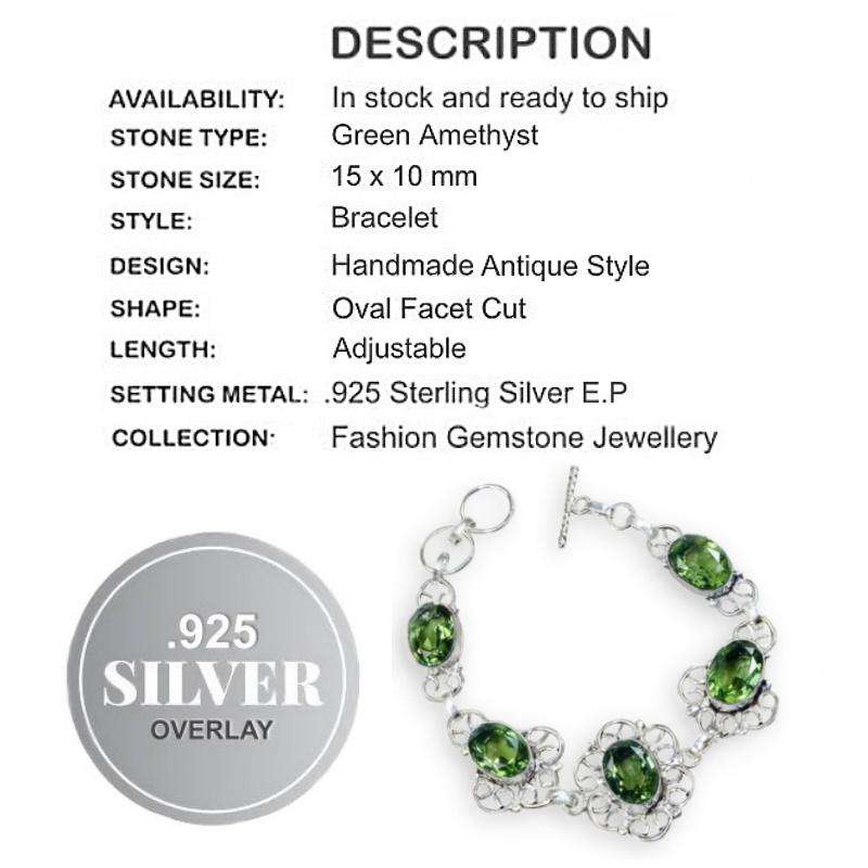 Green Amethyst Ovals set in .925 Sterling Silver Plated Handmade Antique Style Bracelet