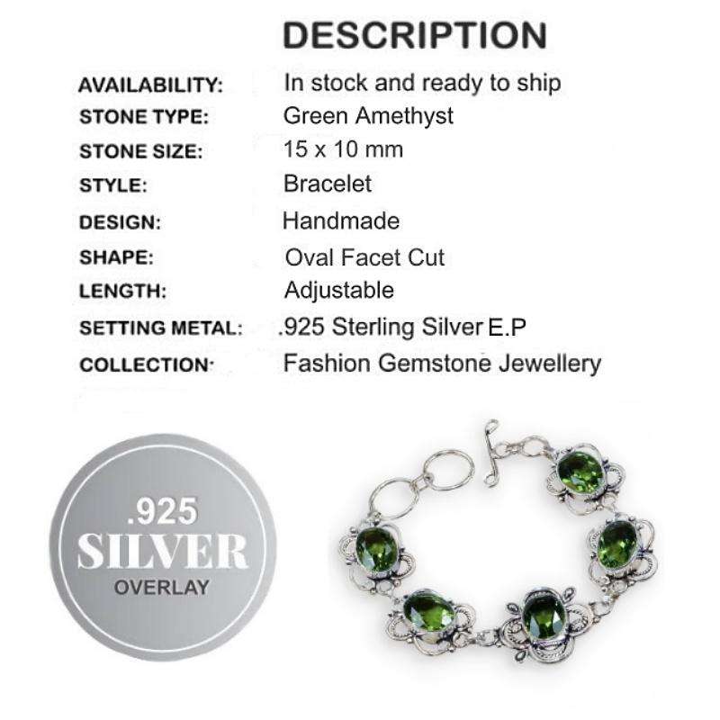 Green Amethyst Faceted Oval Gemstones set in .925 Sterling Silver Plated Handmade Bracelet