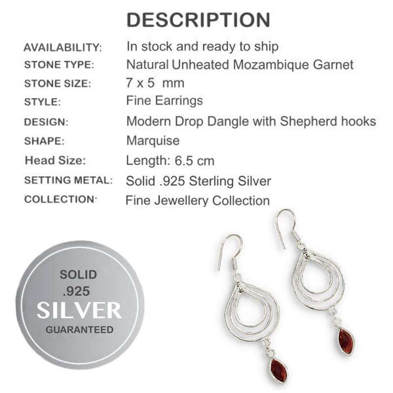 Natural Deep Red Mozambique  set in Solid .925 Sterling Silver Modern Drop Dangle Earrings