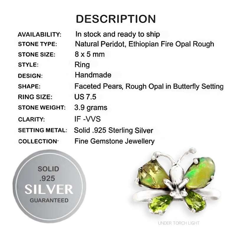 Natural Ethiopian Fire Opal Rough and Peridot Gemstone Pears set in Solid .925 Sterling Silver Size