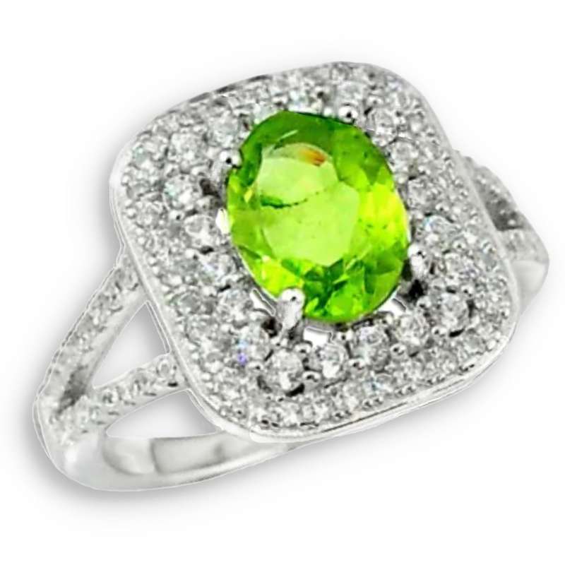 Natural Peridot and White Topaz set in Solid .925 Sterling Silver Ring Size US 7.5 / P