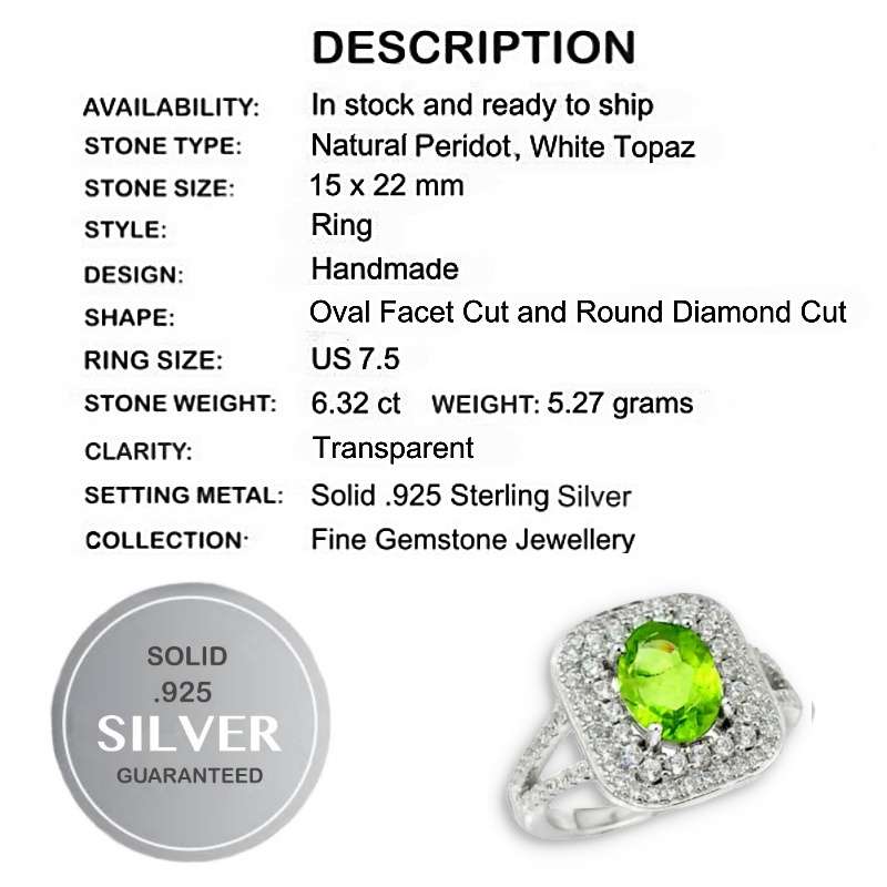 Natural Peridot and White Topaz set in Solid .925 Sterling Silver Ring Size US 7.5 / P