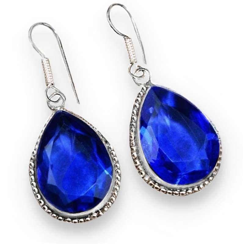 Faceted Sapphire Quartz Pears set in 925 Sterling Silver Plated Antique Style Earrings