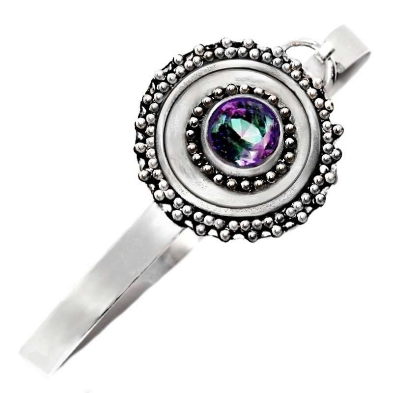 Round Mystic Rainbow Topaz set in .925 Sterling Silver Plated Handmade Antique Style Bangle