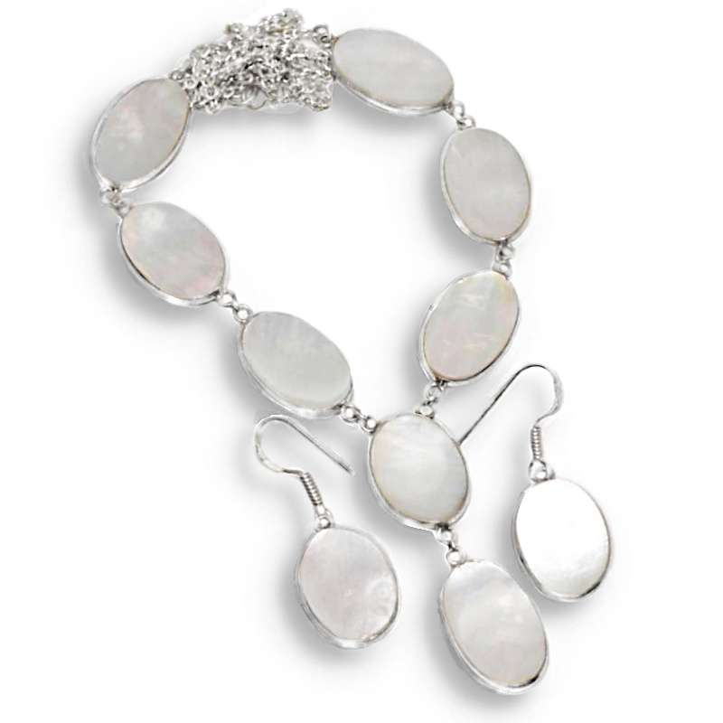 Natural Mother of Pearl Ovals set in .925 Sterling Silver Plated Handmade Necklace and Earrings Set