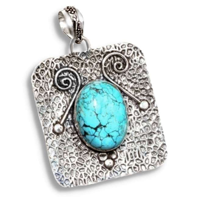 Natural Blue Turquoise Gemstone set in 925 Sterling Silver Plated Antique Style Pendant